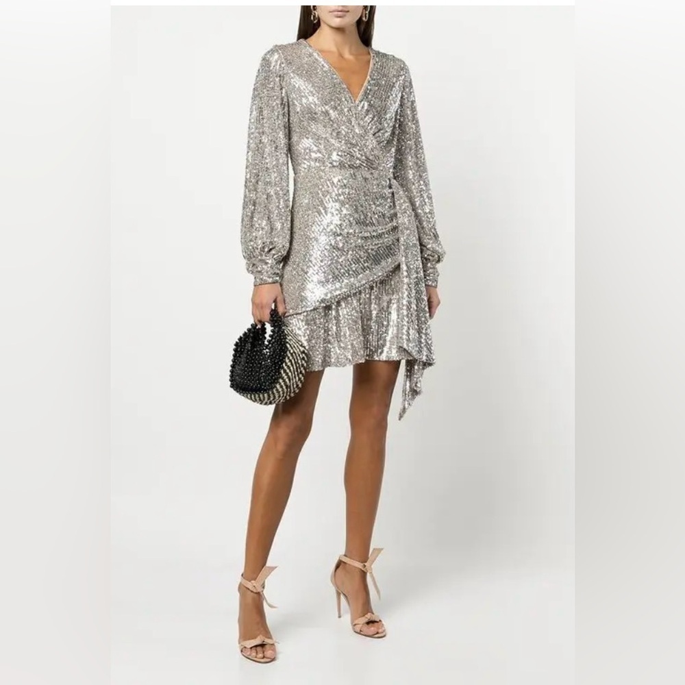 New SACHIN + BABI Delaney Sequinned Mini Dres Sz: 6 Silver Long sleeve - Picture 15 of 15